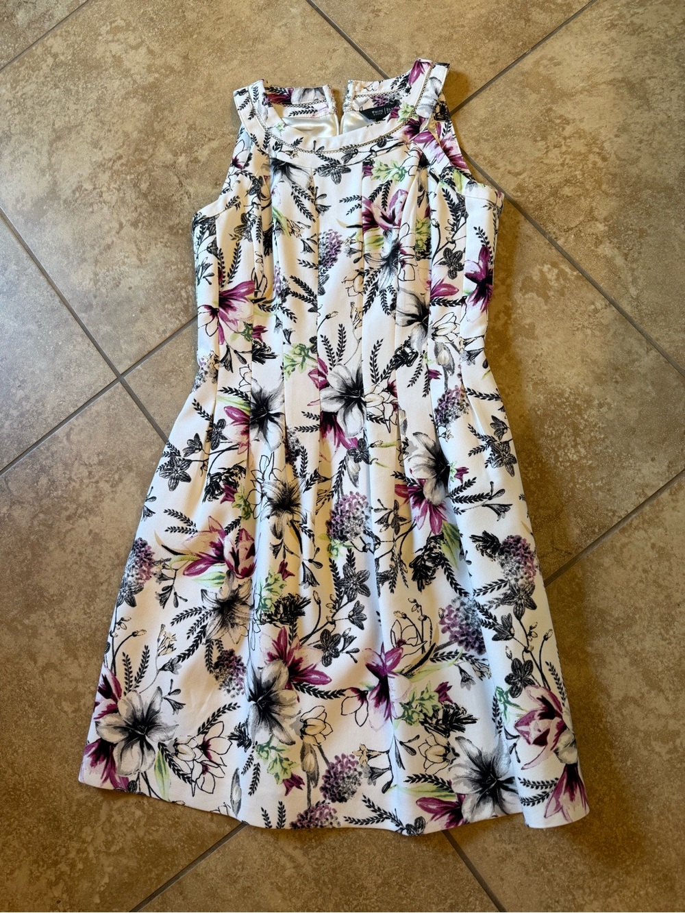 White House Black Market White Dress with Purple & Black Floral Print